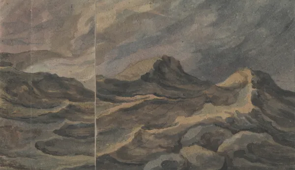 Fantastisch berglandschap; voorgrond ‘La Tour de Babel’ av David Humbert de Superville