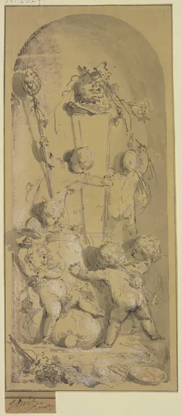 Amoretten schmücken in einer Nische eine Panstatue av Jacob de Wit