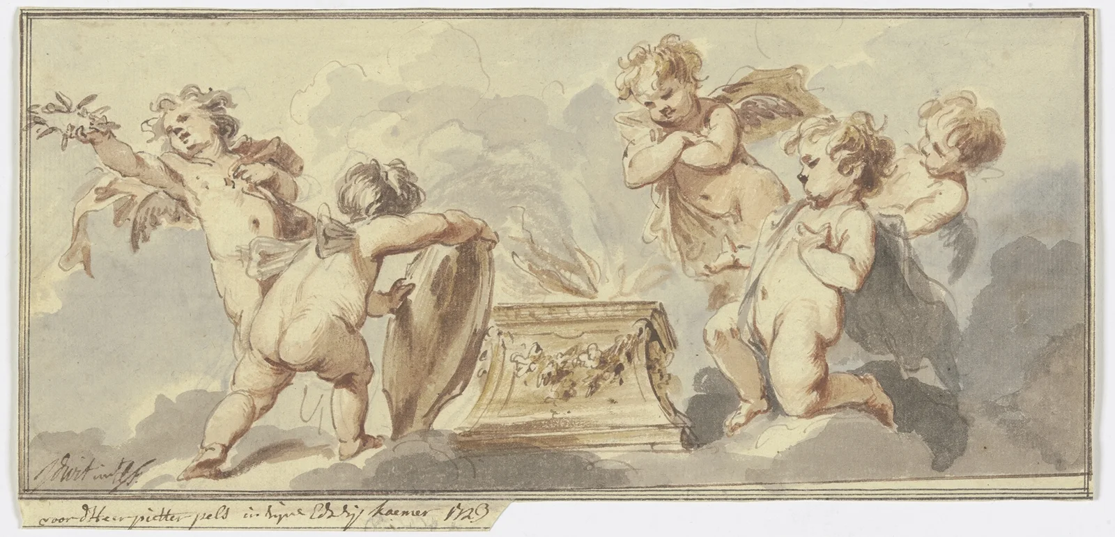 Five putti at a sacrificial altar av Jacob de Wit