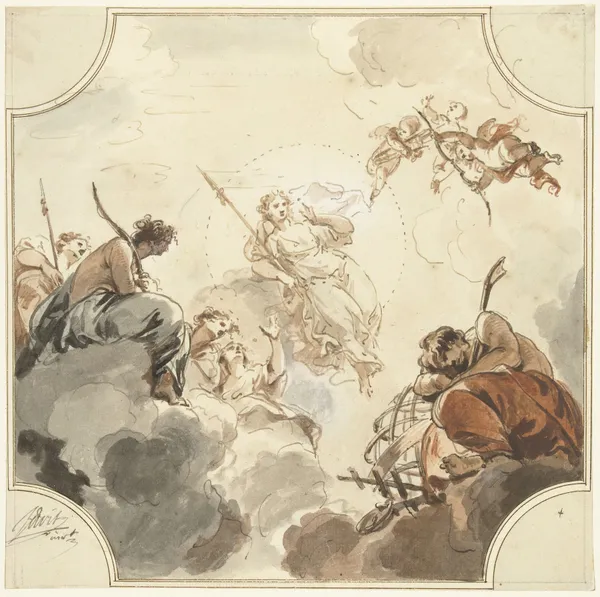 Ontwerp voor een plafondschildering met Diana en Endymion av Jacob de Wit