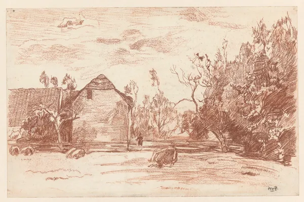 Weiland met grazend vee, links een boerderij av Willem de Zwart
