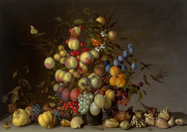 Peaches, plums, oranges, apples, cherries, grapes, redcurrants, blackcurrants, crab apples and other fruit in a pewter vase av Balthasar van der Ast