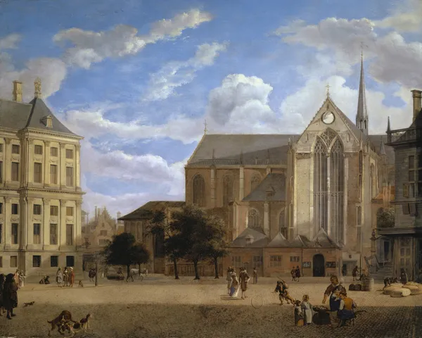The Dam in Amsterdam towards the Townhall and Nieuwe Kerk av Jan van der Heyden