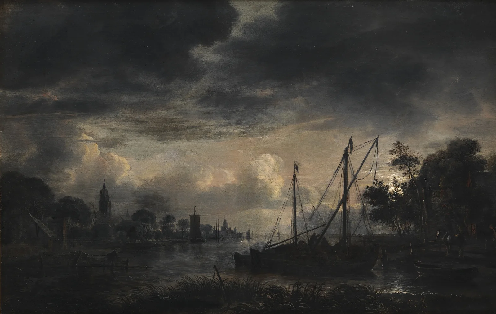 River Landscape in Moonlight, 1643 av Aert van der Neer