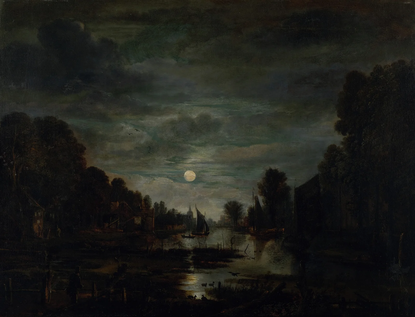River Landscape in Moonlight, 1645 av Aert van der Neer