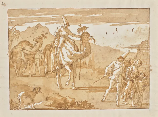 The Punchinello Riding a Camel at the Head of a Caravan av Giovanni Domenico Tiepolo