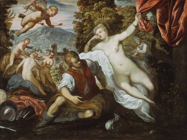 Venus and Mars with Cupid and the Three Graces in a Landscape av Domenico Tintoretto