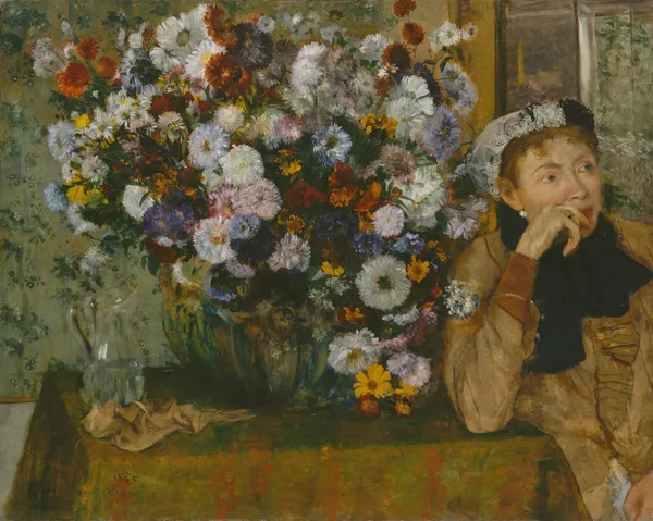 A Woman Seated beside a Vase of Flowers av Edgar Degas