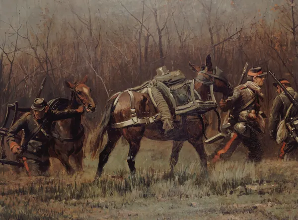 Scène militaire; mobiles conduisant des mulets d’ambulances (fragment du panorama de Champigny) av Jean-Baptiste Édouard Detaille