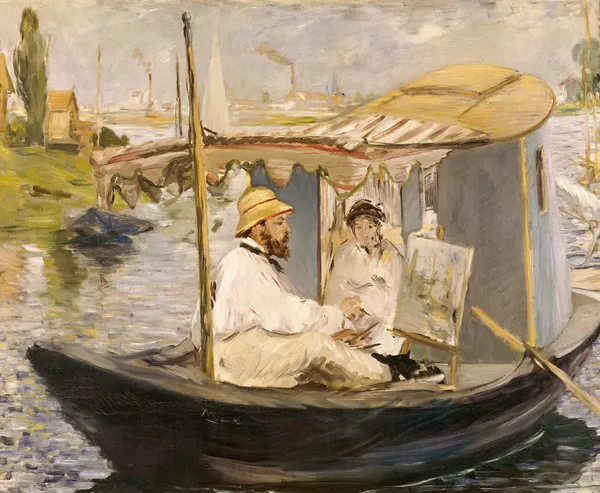 Claude Monet painting in his studio boat av Édouard Manet