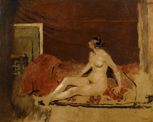 Nude on a Blanket with a Red Floral Pattern av Édouard Vuillard