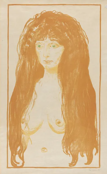 Weib mit rotem Haar und grünen Augen. Die Sünde av Edvard Munch