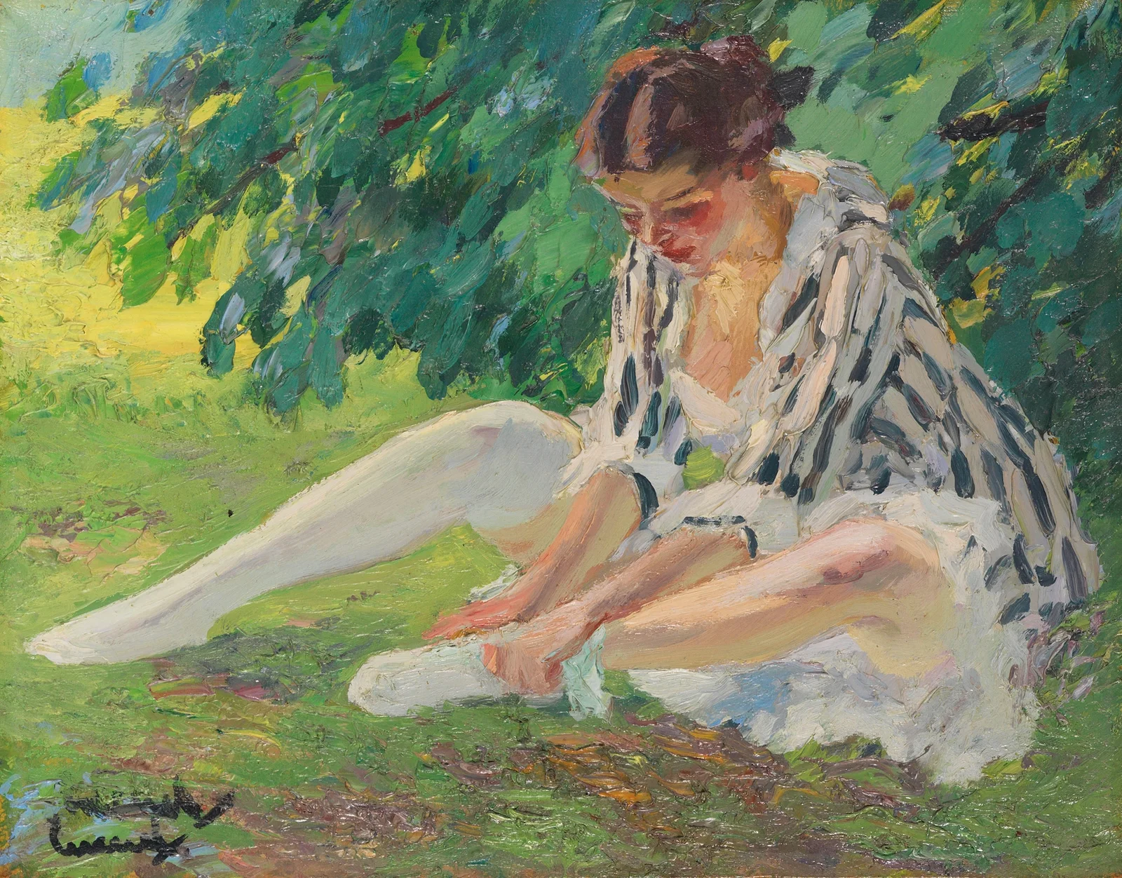 Undressing (sitting in the grass) av Edward Cucuel