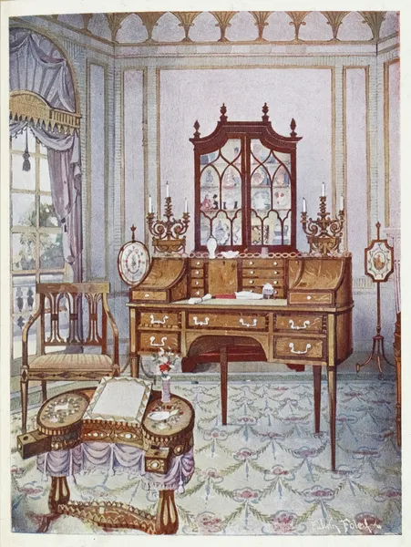Inlaid mahogany cylinder-fall china and book case, D-shaped satinwood drawing and writing table av Edwin Foley