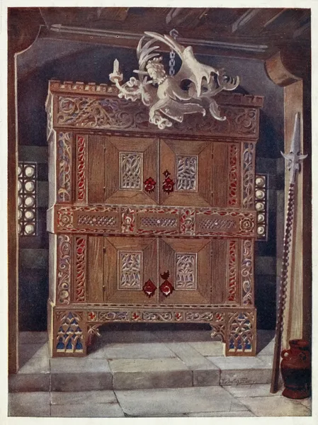 Late Gothic schrank. In the Bavarian Museum, Munich, with hanging light (leuchterweibschen), from Albert Dürer’s house at Nuremburg av Edwin Foley