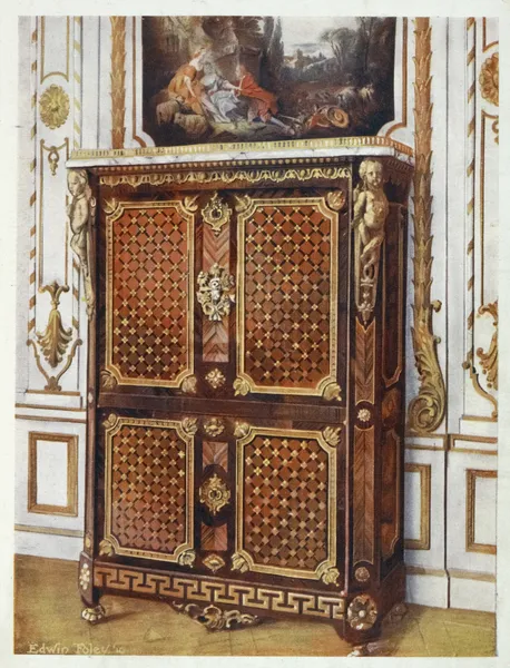 Upright secrétaire in parqueterie of various woods, with ormolu-mounted rosettes, etc av Edwin Foley
