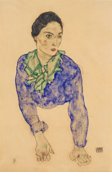 Frauenbildnis mit Blauem und Grünem Halstuch (Portrait of a Woman with Blue and Green Scarf) av Egon Schiele