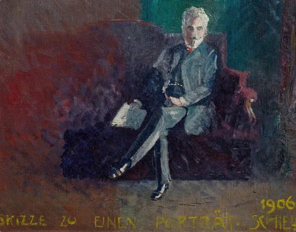 Leopold Czihaczek, auf rotem Sofa sitzend av Egon Schiele