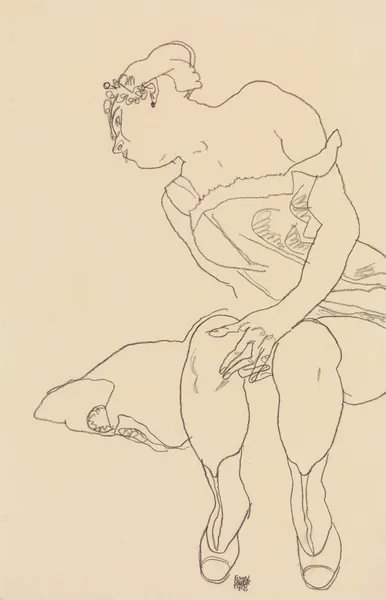 Seated Woman in Corset and Boots av Egon Schiele