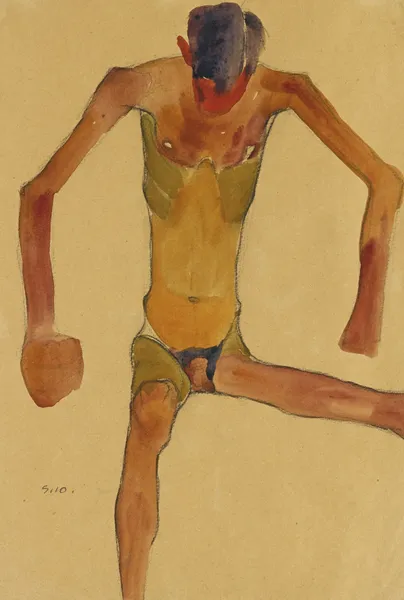 Sitzender männlicher Akt mit gesenktem Kopf (Seated Male Nude with Lowered Head) av Egon Schiele