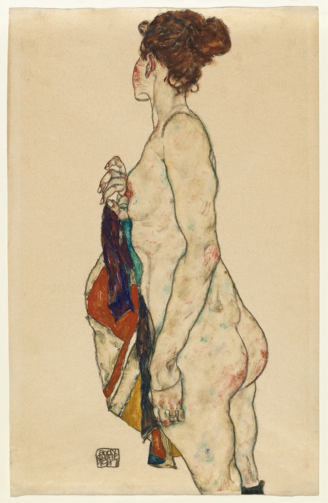 Standing Nude with a Patterned Robe av Egon Schiele