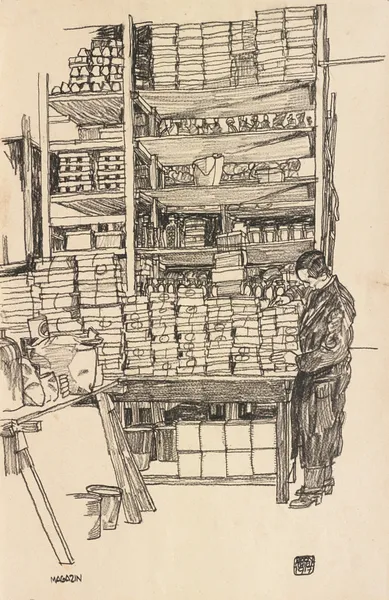 Supply Depot; Storeroom with Civilian Worker in Vienna, Schottenfeldgasse) av Egon Schiele