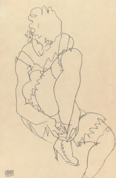 Woman Buttoning Her Shoes av Egon Schiele