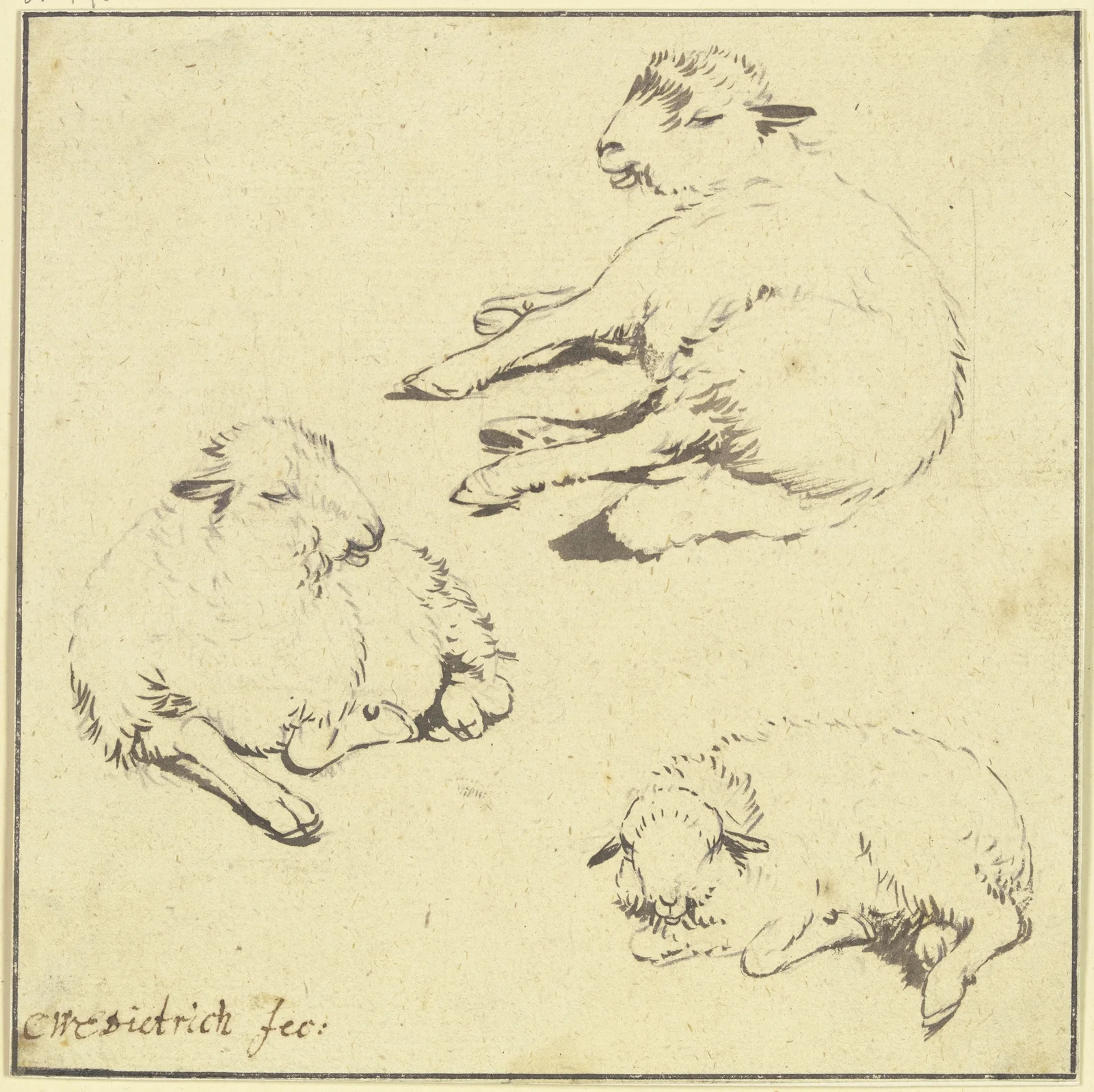 Three resting sheep av Christian Wilhelm Ernst Dietrich