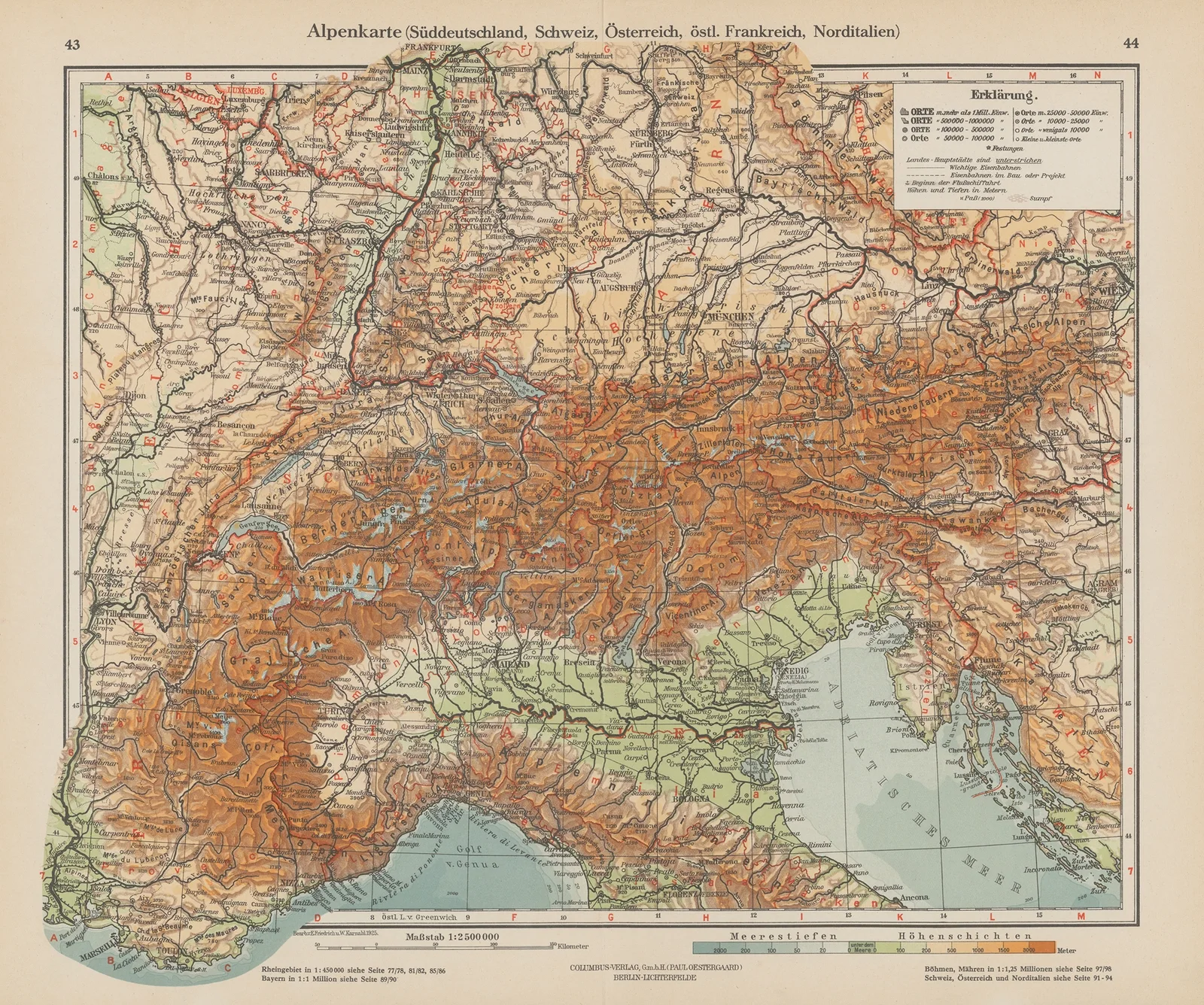 Alpenkarte (Suddeutschland, Schweiz, Osterreich, ostl. Franreich, Norditalien) av Ernst Friedrich