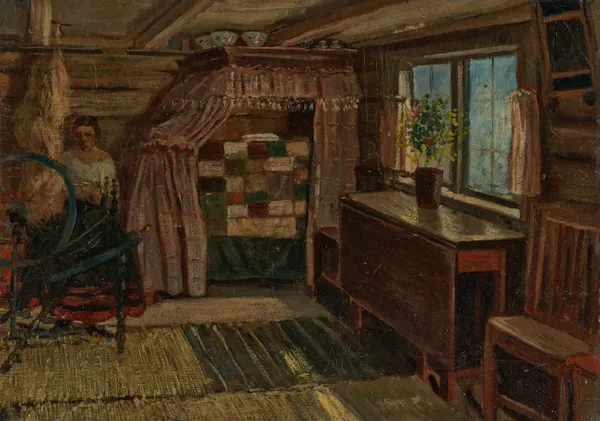 Stuginteriör; en kvinna som spinner av Ernst Josephson