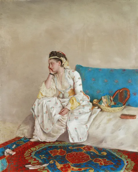 Woman in Turkish Dress, Seated on a Sofa av Jean-Etienne Liotard