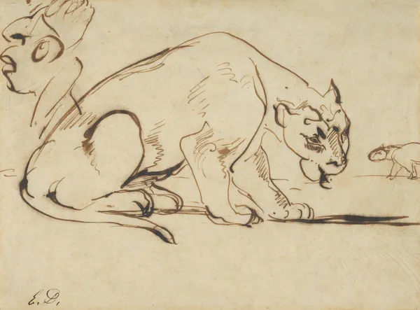 A Lioness and a Caricature of Ingres av Eugène Delacroix