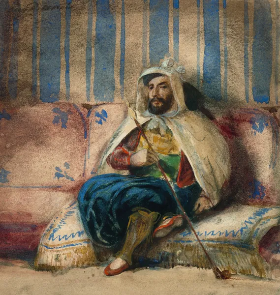 A man in Oriental costume smoking on a sofa av Eugène Delacroix