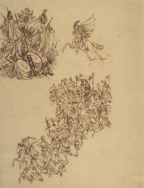 A Marriage Procession in Sixteenth Century Dress; a Cavalier; and a Trophy of Arms av Eugène Delacroix