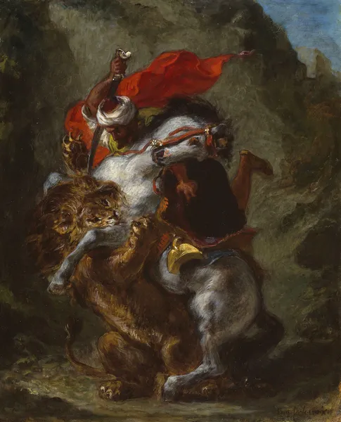Arab Horseman Attacked by a Lion av Eugène Delacroix