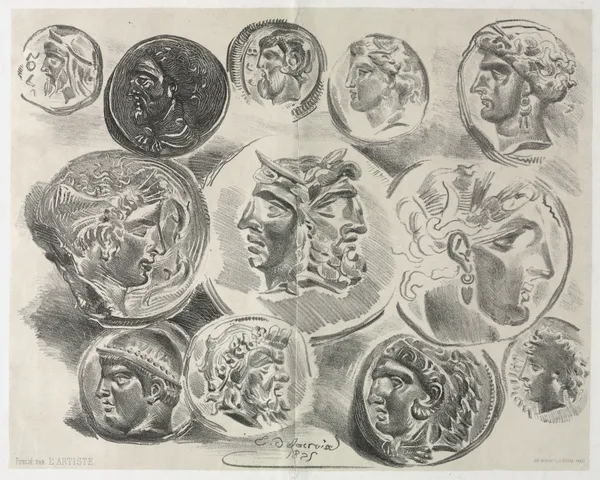 Feuille de douze médailles antiques av Eugène Delacroix