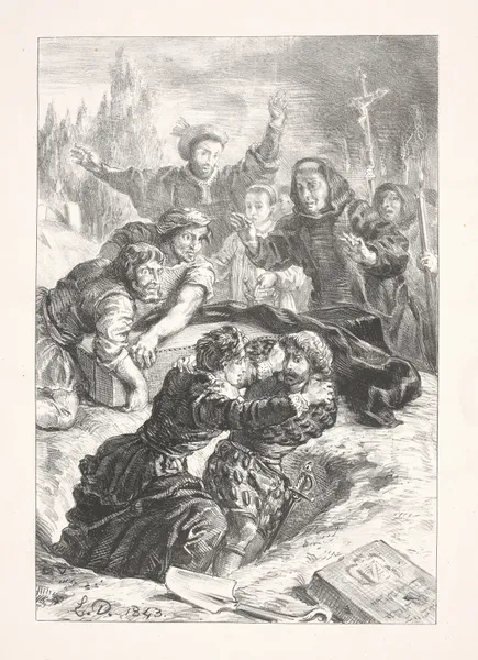 Hamlet and Laertes fight in the grave (Act V, scene I av Eugène Delacroix