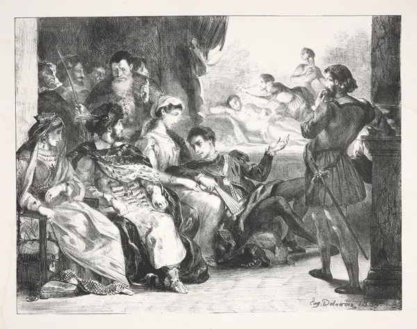 Hamlet has actors play the scene of his father’s poisoning (Act III, scene ii) av Eugène Delacroix