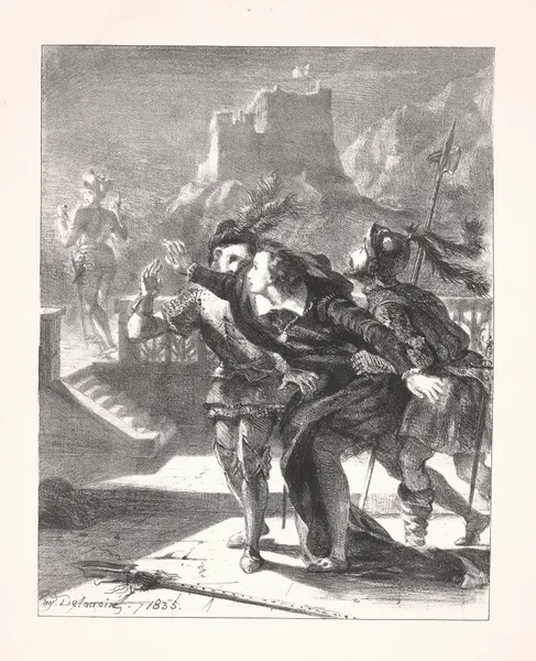 Hamlet wants to follow his father’s ghost (Act I, scene iv) av Eugène Delacroix