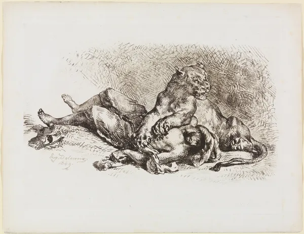 Löwin, die Brust eines Arabers zerreißend av Eugène Delacroix