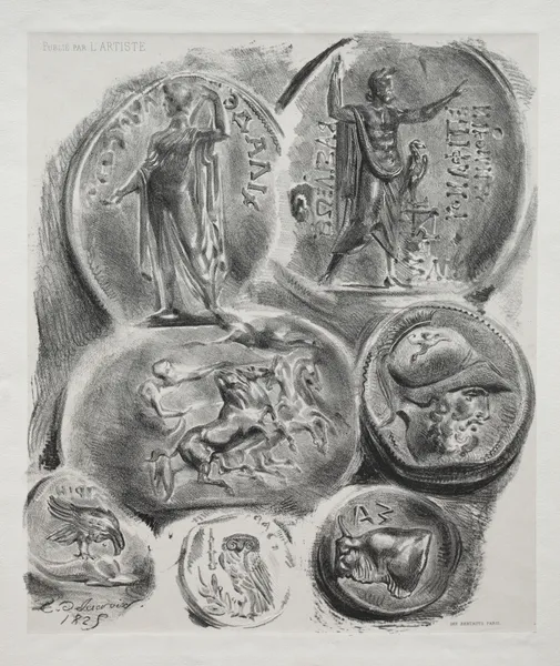 Sheet with Seven Antique Medals av Eugène Delacroix