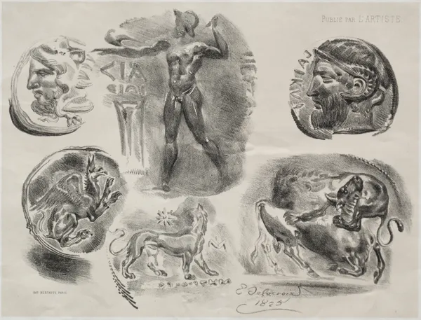 Sheet with Six Antique Medals av Eugène Delacroix
