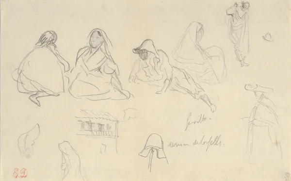Sketches of Figures and a Tile-Roofed Building, Seville, Spain av Eugène Delacroix