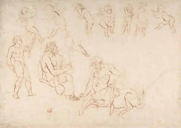 Standing nude athlete; seated man with a lyre; centaur; and seven putti (three with wings) av Eugène Delacroix