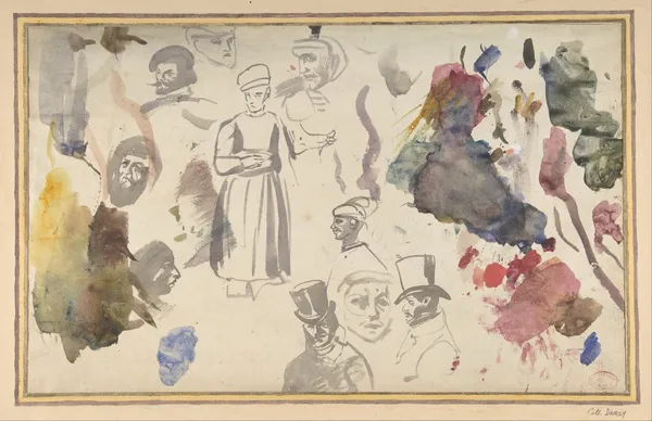 Studies of male heads and a standing male figure av Eugène Delacroix