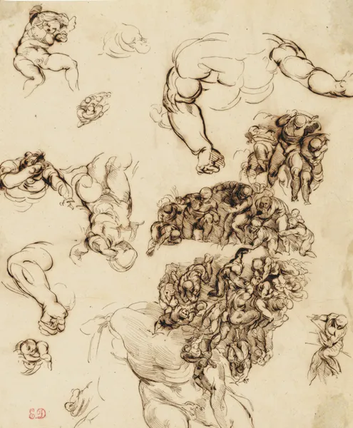 Studies of nude figures, after Michelangelo av Eugène Delacroix