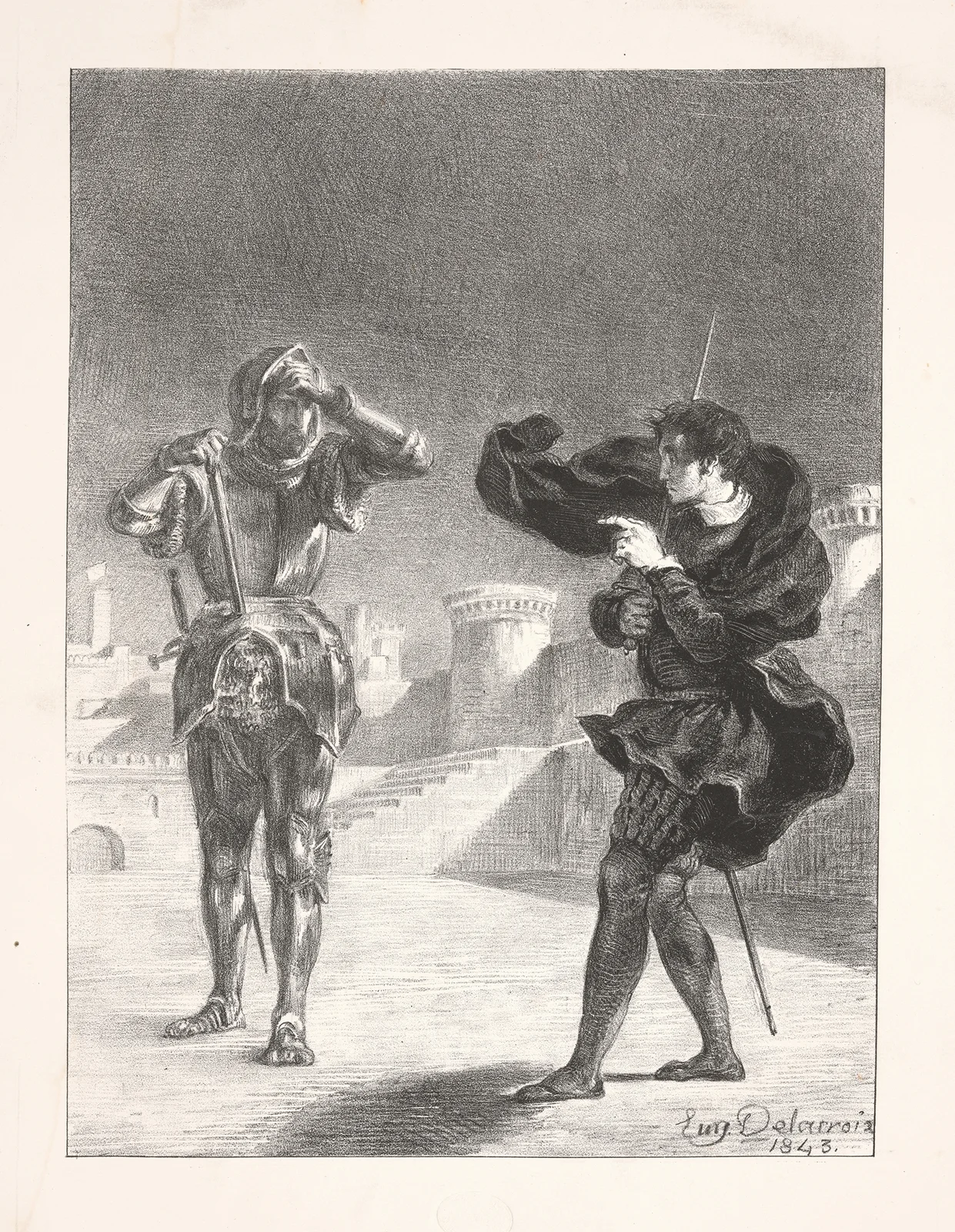 The ghost on the terrace (Act I, scene V av Eugène Delacroix