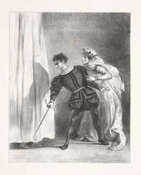 The murder of Polonius (Act III, scene iv) av Eugène Delacroix