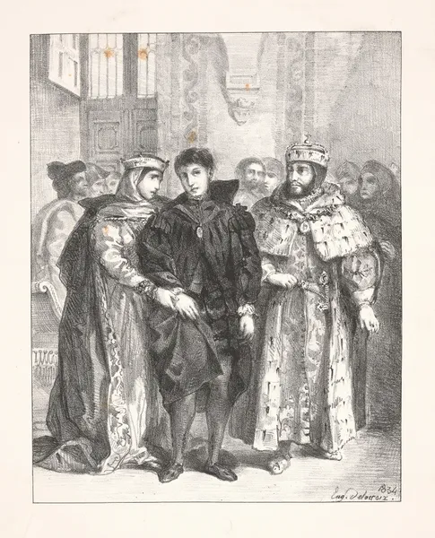 The Queen attempts to console Hamlet (Act I, scene ii) av Eugène Delacroix