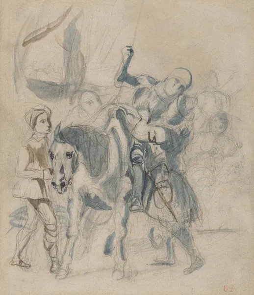 The Wounded Goetz von Berlichingen Takes Refuge in a Gypsy Camp av Eugène Delacroix